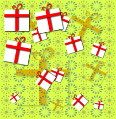 present gift boxes with red ribbon on flower texture