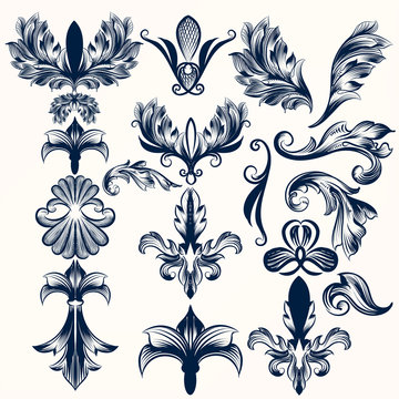 Collection of vector hand drawn fleur de lis and swirls in vinta