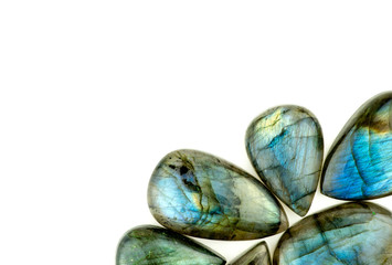 Beautiful labradorite gemstones isolated on white with backgroun