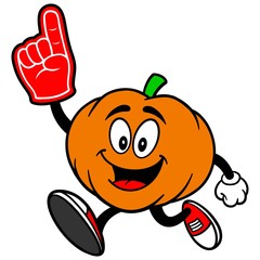 Pumpkin Mascot Running with Foam Finger
