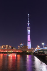 Tokyo Sky Tree and Sumida river in Tokyo at night