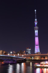 Naklejka premium Tokyo Sky Tree and Sumida river in Tokyo at night