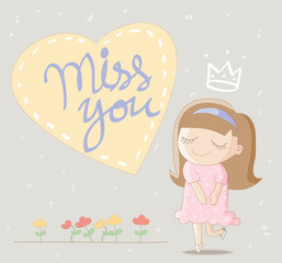 Cute girl with big heart and lettering "miss you"