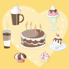 Dessert and beverage including cake,cupcake,ice cream and coffee