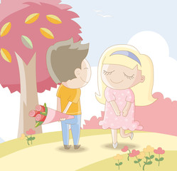 Sweet lovers -Man giving girl a bouquet of roses