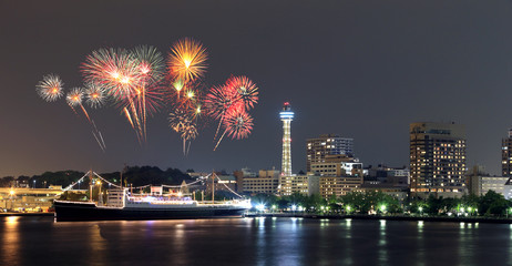 Fireworks celebrating over  marina bay in Yokohama City