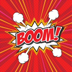 BOOM! wording in comic speech bubble in pop art style
