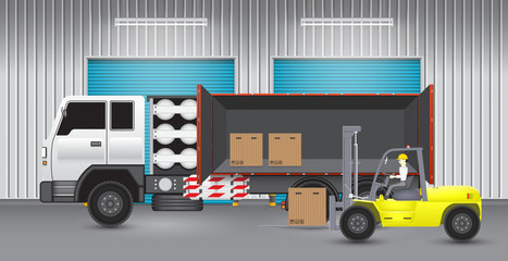 Vector of operator, driver or worker to handling, sorting cardboard box into storage or cargo container by forklift for logistic, shipping and delivery. Freight transport and distribution industry.