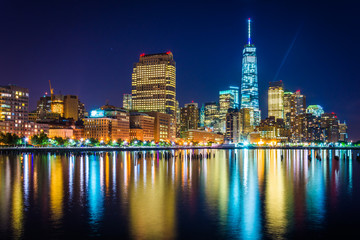 Fototapeta na wymiar One World Trade Center and Battery Park City at night, seen from
