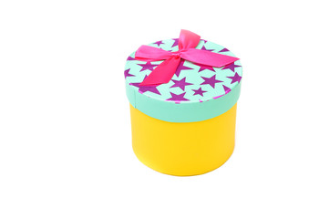 Gift box with pink ribbon bow on White Isolate Background