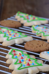 Holiday Cookies On Cooling Rack and  Rustic Wood Background for