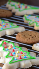 Holiday Cookies On Cooling Rack and  Rustic Wood Background for