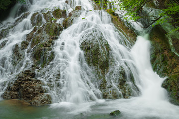 Beautiful waterfall in the forest between green trees