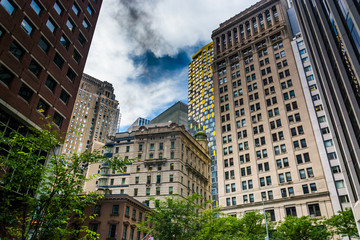 Fototapeta na wymiar Skyscrapers in the Financial District of Manhattan, New York.