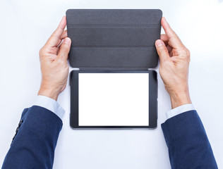 Businessman hands with tablet computer on white background