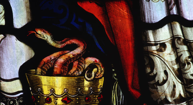 A snake in a chalice (stained glass)