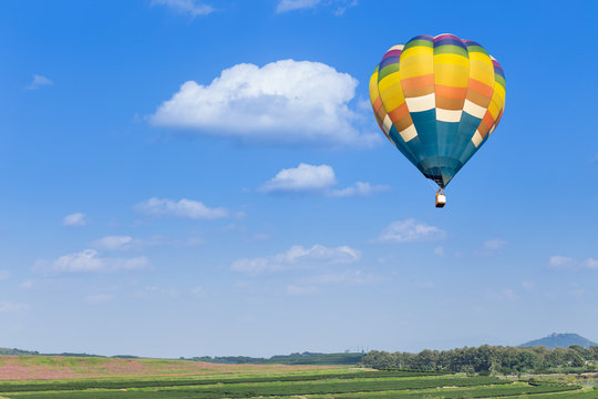 Hot air balloon with green nature background