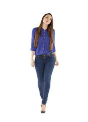 Portrait of a beautiful woman in blue jeans and blue shirt