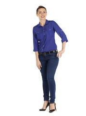 Fototapeta premium Portrait of a beautiful woman in blue jeans and blue shirt