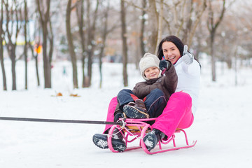 Fototapeta na wymiar Mother with child on a sled