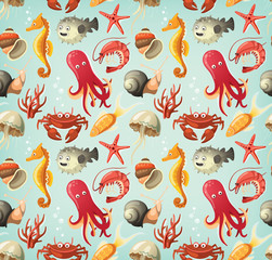 Set of fish and animals from sea.