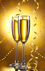 Glasses of champagne with serpentine on bright background