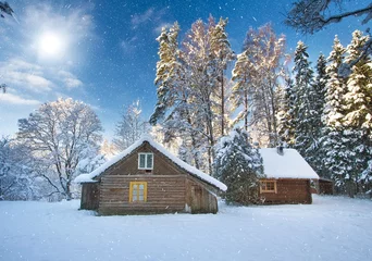 Fotobehang Old houses in snowy forest © candy1812
