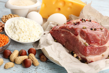 Food high in protein on table, close-up