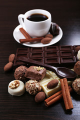 A Cup of coffee and a saucer with chocolate spoon,