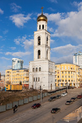 Fototapeta na wymiar View on belltower of Iversky monastery in Samara, Russia