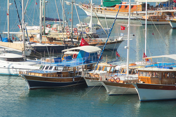 yachts parked in a beautiful bay, top view