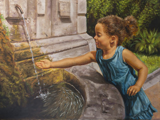 olio su tela di una bambina vicino ad una fontana - 74999916
