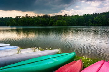 Canoes along the shore of Prettyboy Reservoir in Baltimore, Mary