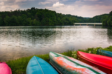 Canoes along the shore of Prettyboy Reservoir in Baltimore, Mary