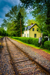 Fototapeta na wymiar House along railroad tracks in Portland, Pennsylvania.