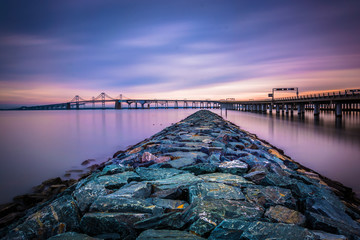 Long exposure of a jetty and the Chesapeake Bay Bridge, from San