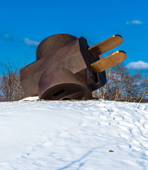 The Giant Three-Way Plug in the snow, at the Philadelphia Museum