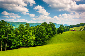 View of fields and distant mountains in the rural Potomac Highla