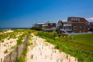 Beach houses and sand dunes in Strathmere, New Jersey.