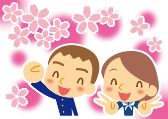 桜咲く　学ランとセーラー服の学生