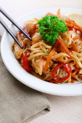 Chinese noodles with vegetables and seafood