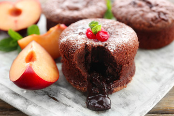 Hot chocolate pudding with fondant centre, close-up