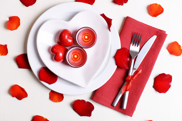 Festive table setting for Valentines Day on light background