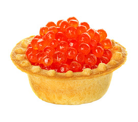 Tartlet with red caviar isolated on white background