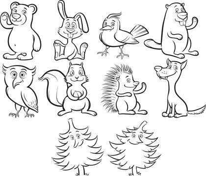 Coloring book cute cartoon forest animals