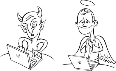 whiteboard drawing - devil and angel with laptop computer