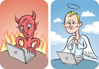 Devil and Angel with Laptop Computer