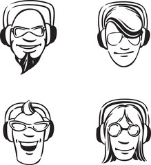 whiteboard drawing - set of dj heads enjoying music