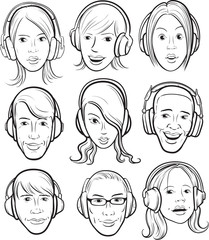 whiteboard drawing - set of faces with headphones
