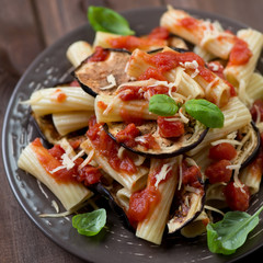 Pasta alla Norma: typical italian dish with eggplant and tomato